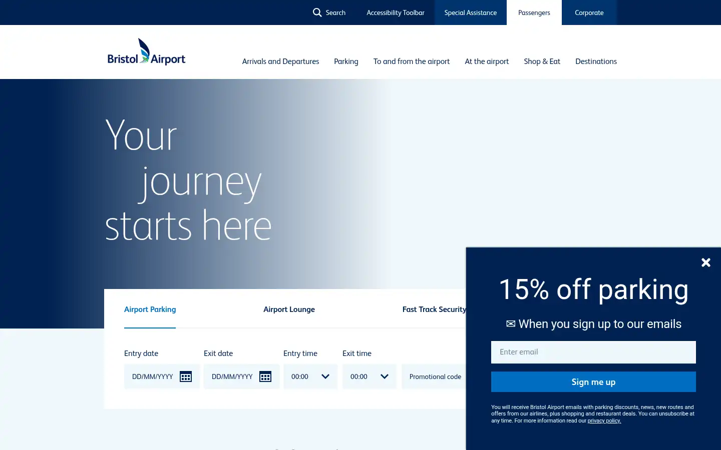Screenshot of bristolairport.co.uk