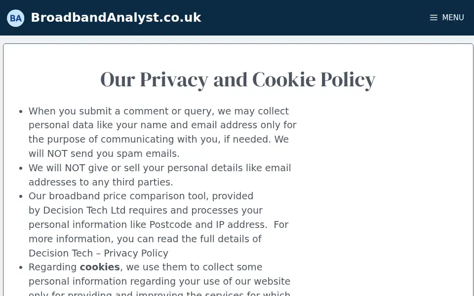 Screenshot of broadbandanalyst.co.uk