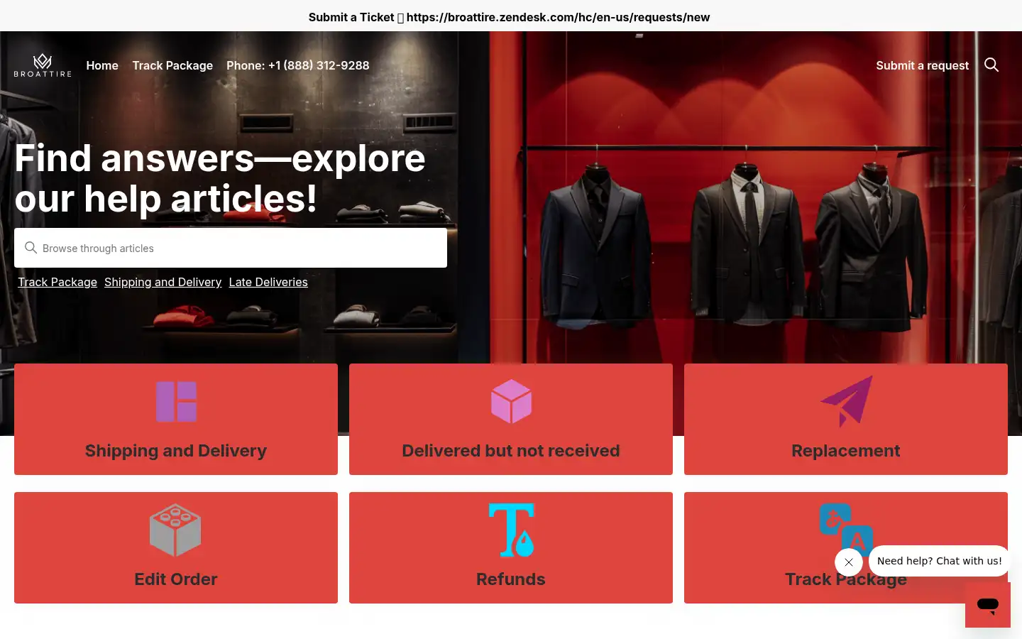 Screenshot of broattire.zendesk.com