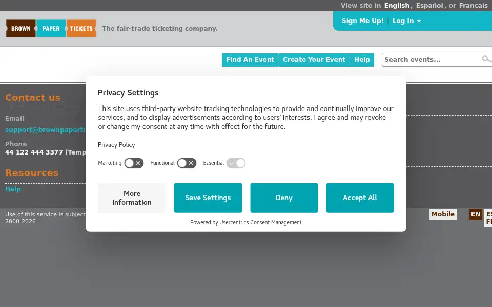 Screenshot of brownpapertickets.com