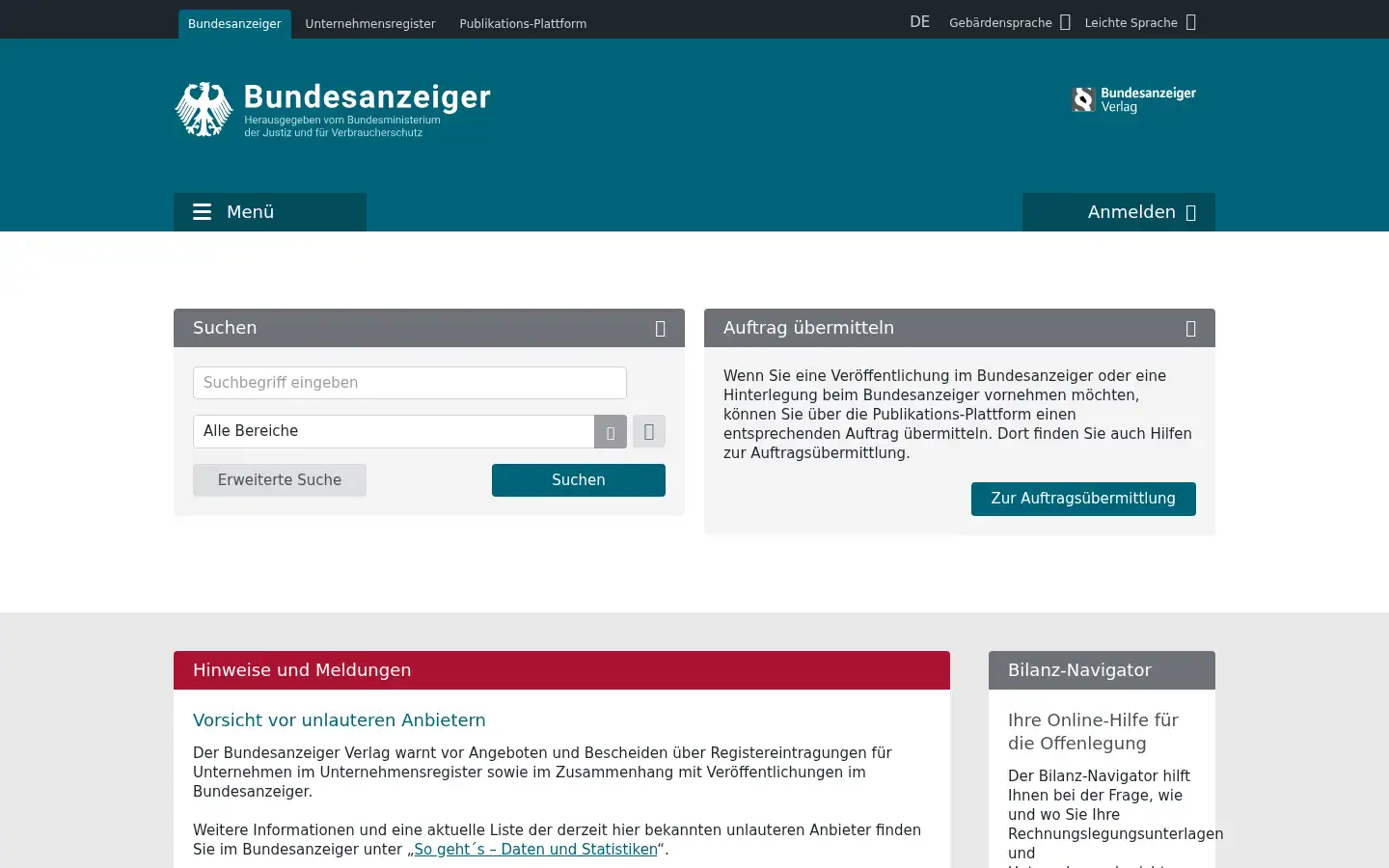 Screenshot of bundesanzeiger.de