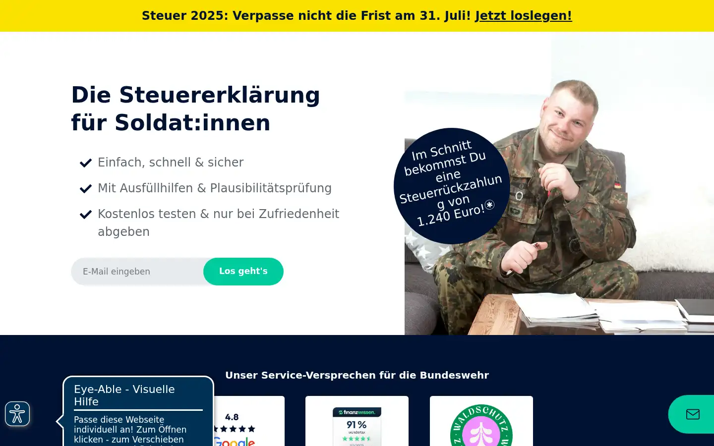 Screenshot of bundeswehrsteuererklaerung.de