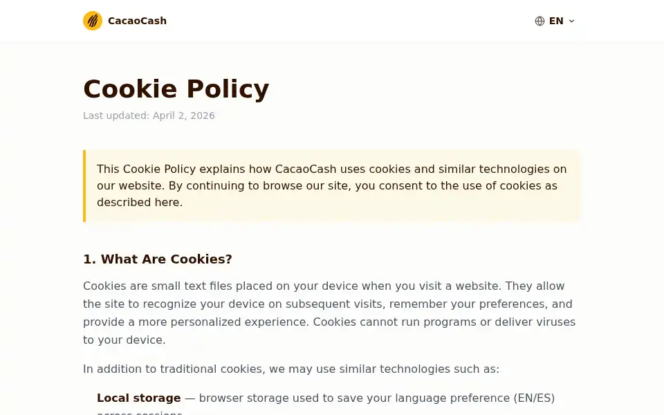 Screenshot of cacaocash.com