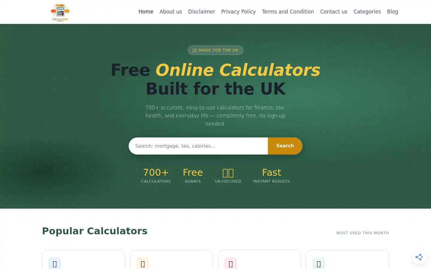 Screenshot of calculatorsonline.co.uk