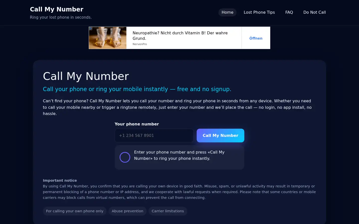 Screenshot of callmynumber.org