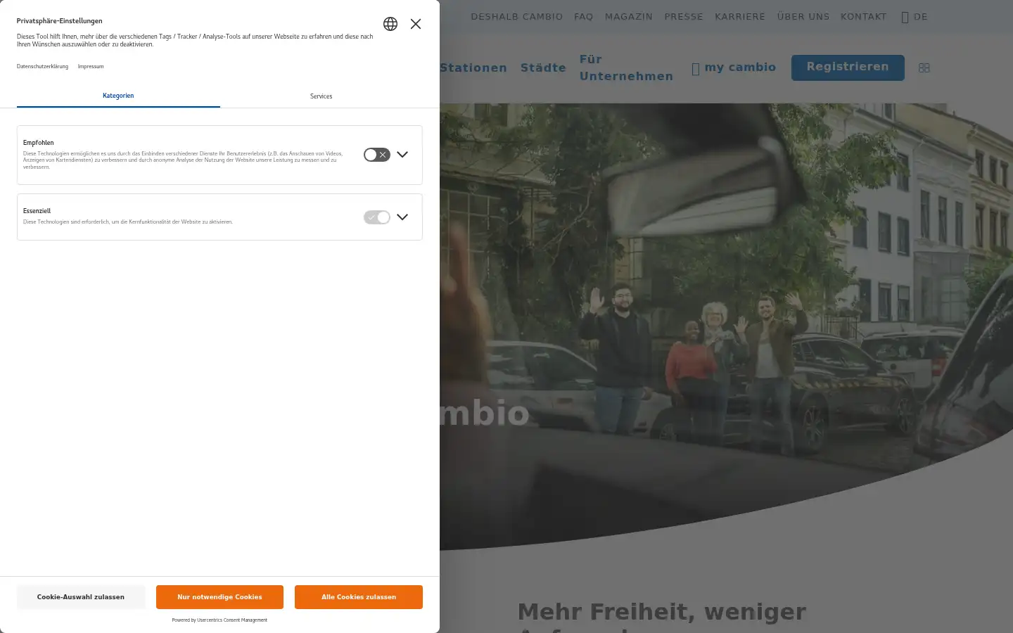 Screenshot of cambio-carsharing.de