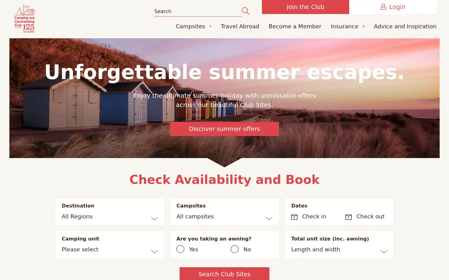 Screenshot of campingandcaravanningclub.co.uk