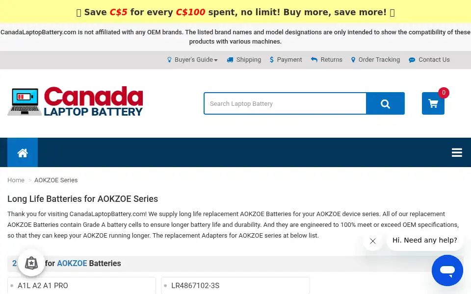 Screenshot of canadalaptopbattery.com