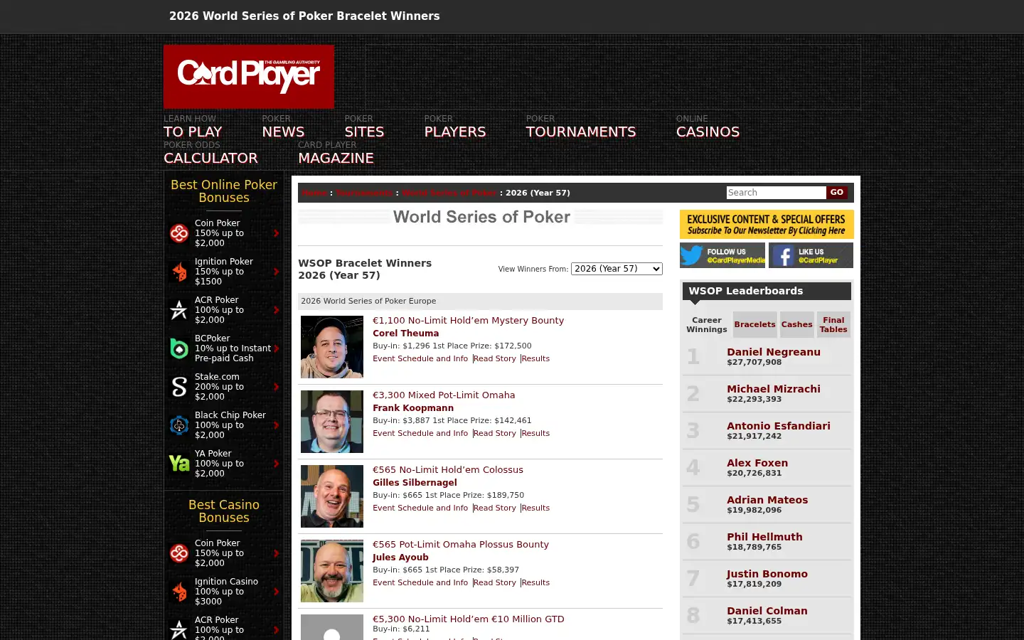 Screenshot of cardplayer.com