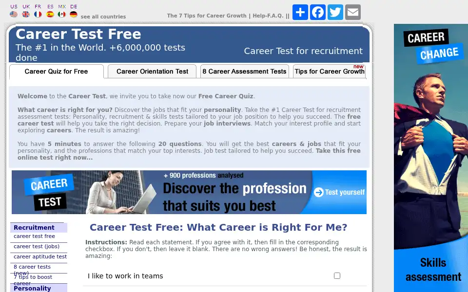 Screenshot of careertestfree.com