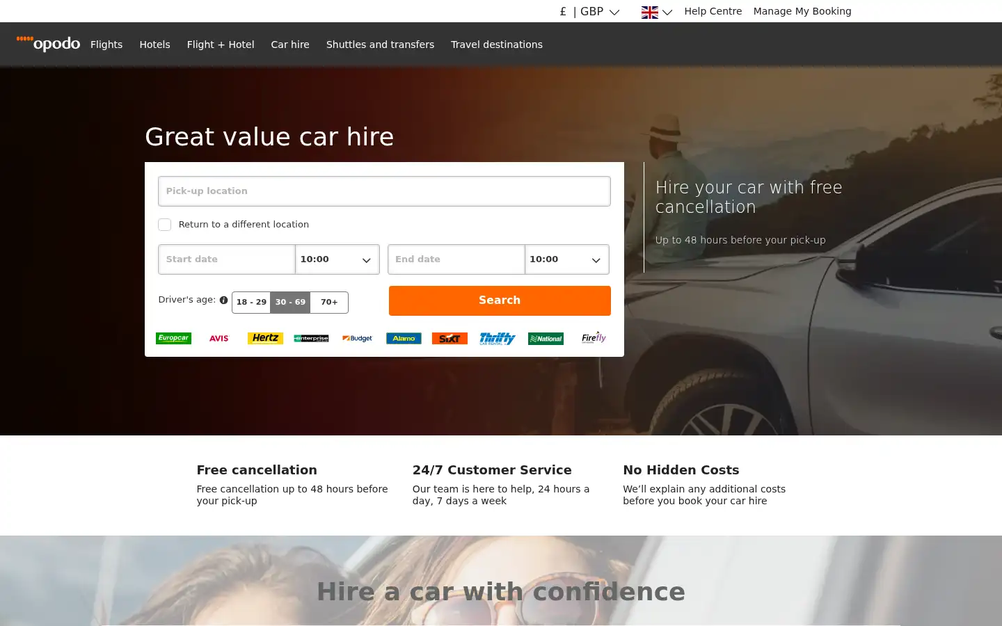 Screenshot of carhire.opodo.co.uk