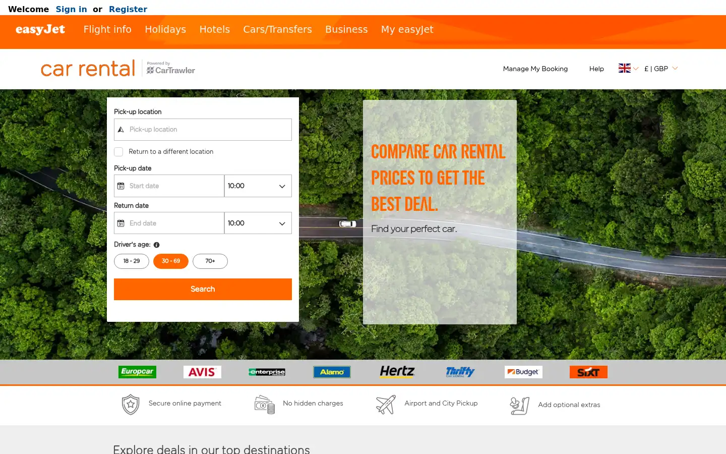 Screenshot of cars.easyjet.com