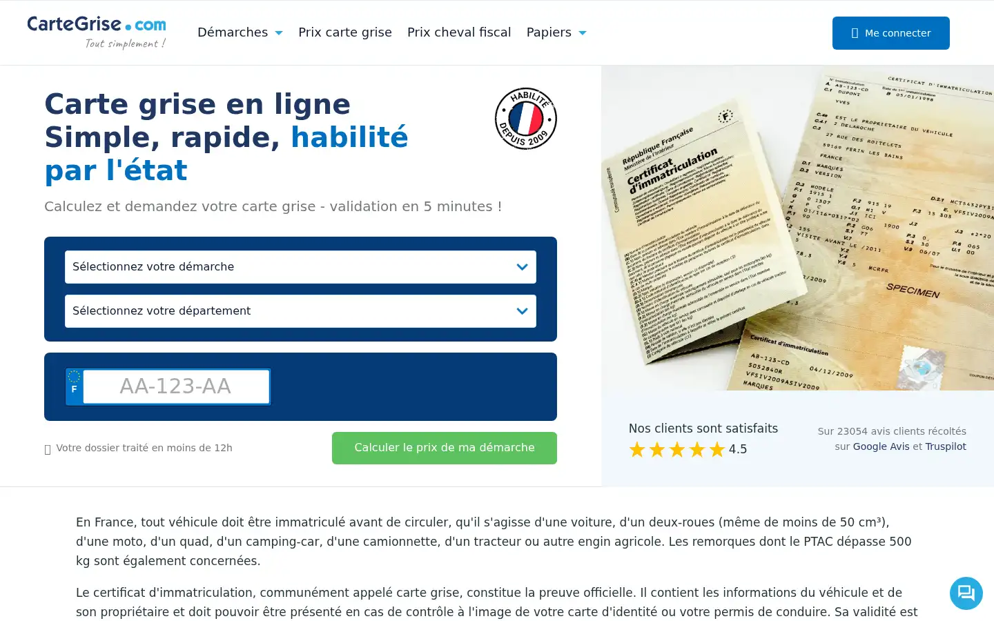 Screenshot of cartegrise.com