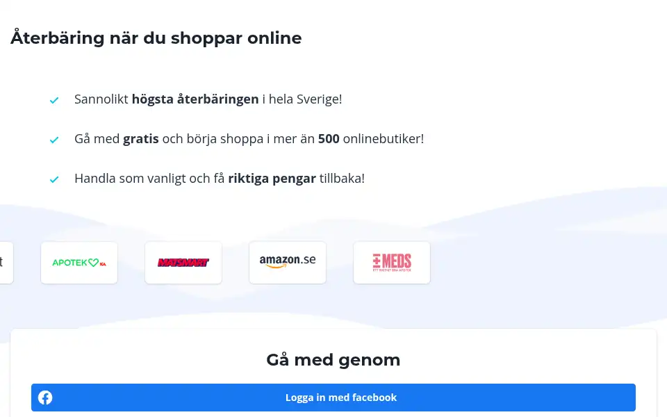 Screenshot of cashbackshopping.se