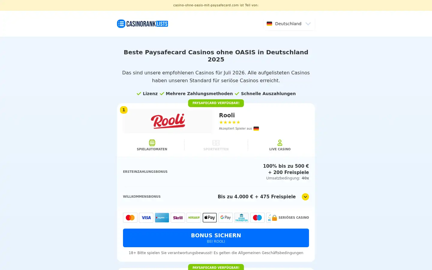 Screenshot of casino-ohne-oasis-mit-paysafecard.com