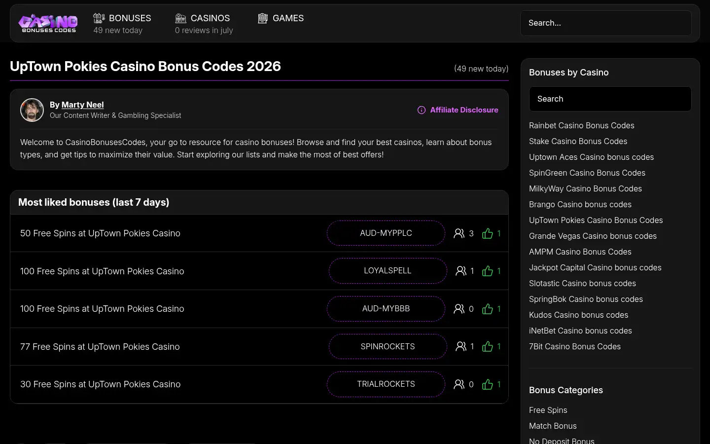 Screenshot of casinobonusescodes.com