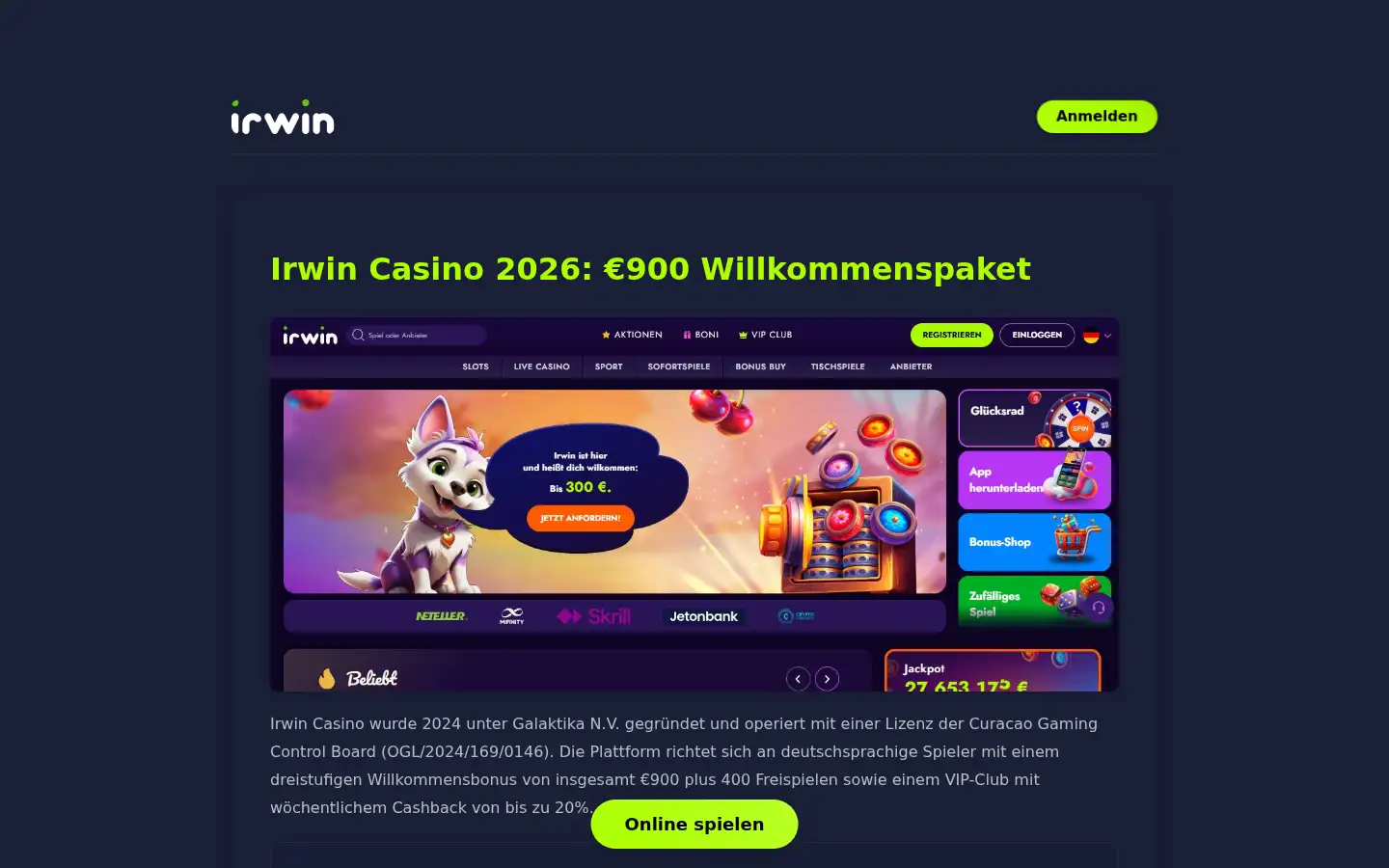 Screenshot of casinoirwin.com.de