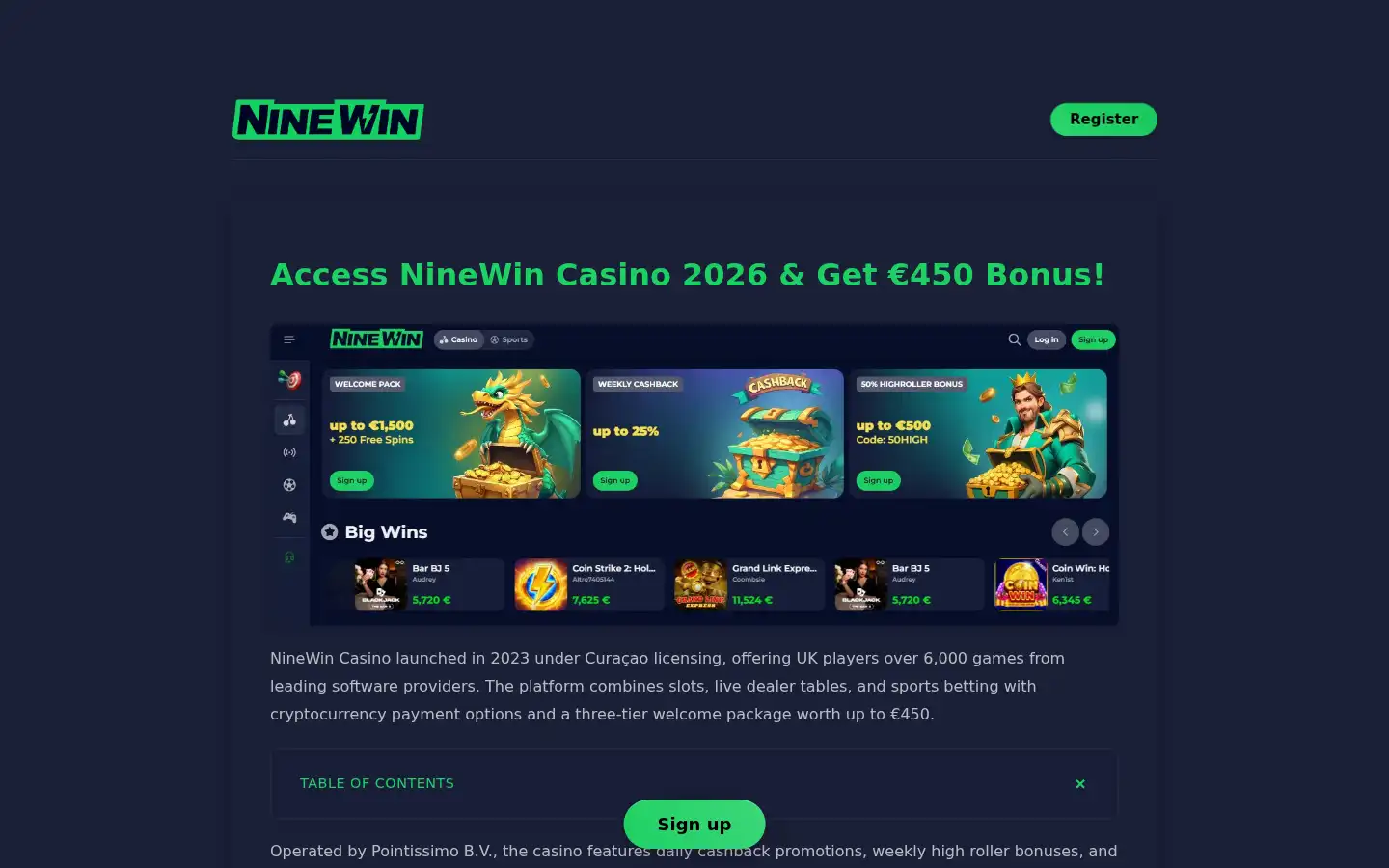 Screenshot of casinoninewin.co.uk