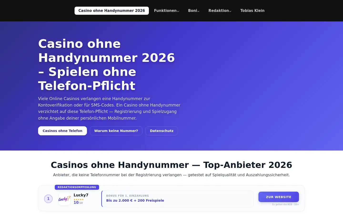 Screenshot of casinoohnehandynummer.com