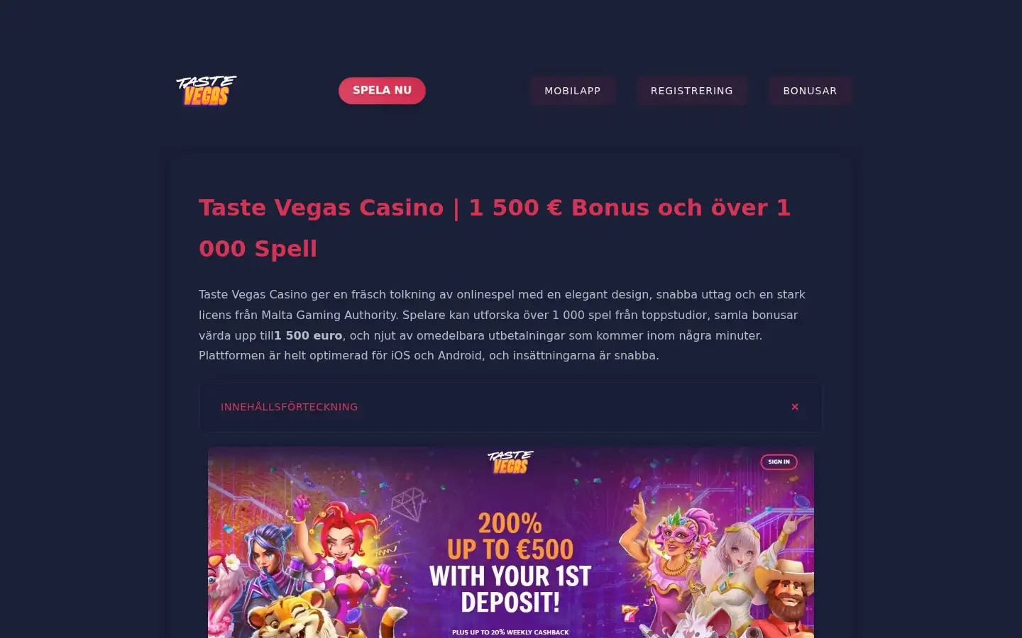 Screenshot of casinotastevegas.com.se