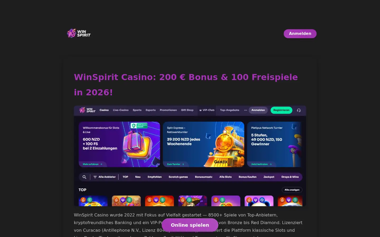 Screenshot of casinowinspirit.com.de