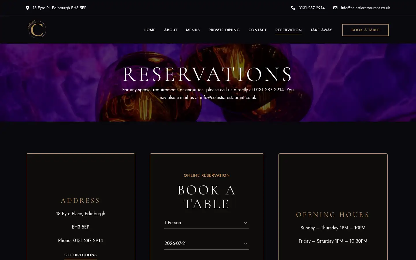 Screenshot of celestiarestaurant.co.uk