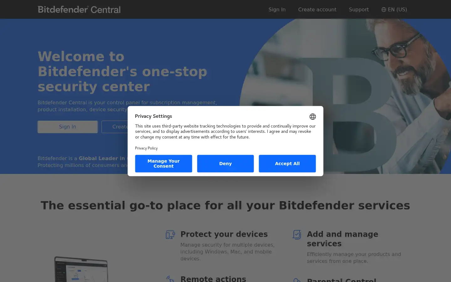 Screenshot of central.bitdefender.com