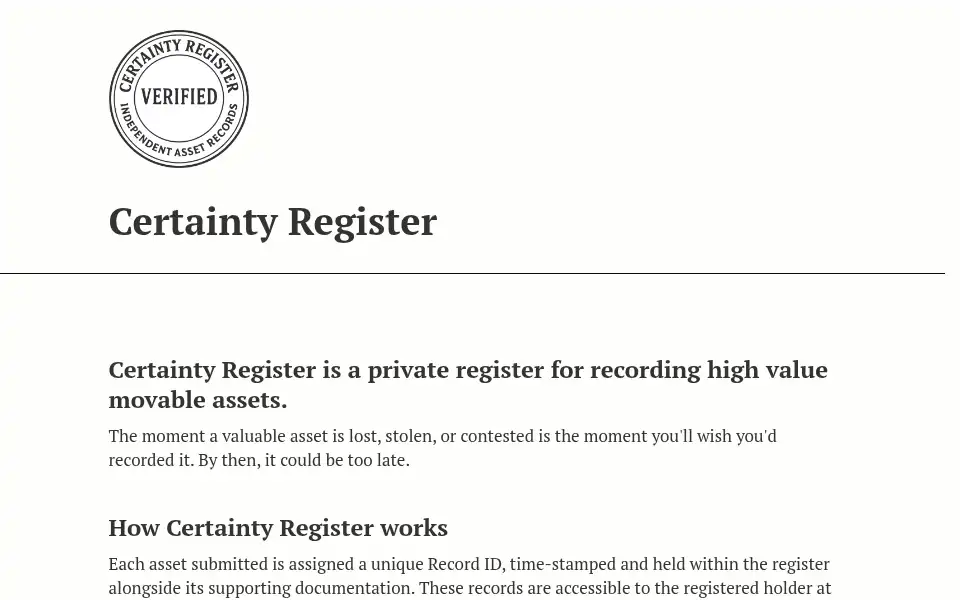 Screenshot of certainty-register.com