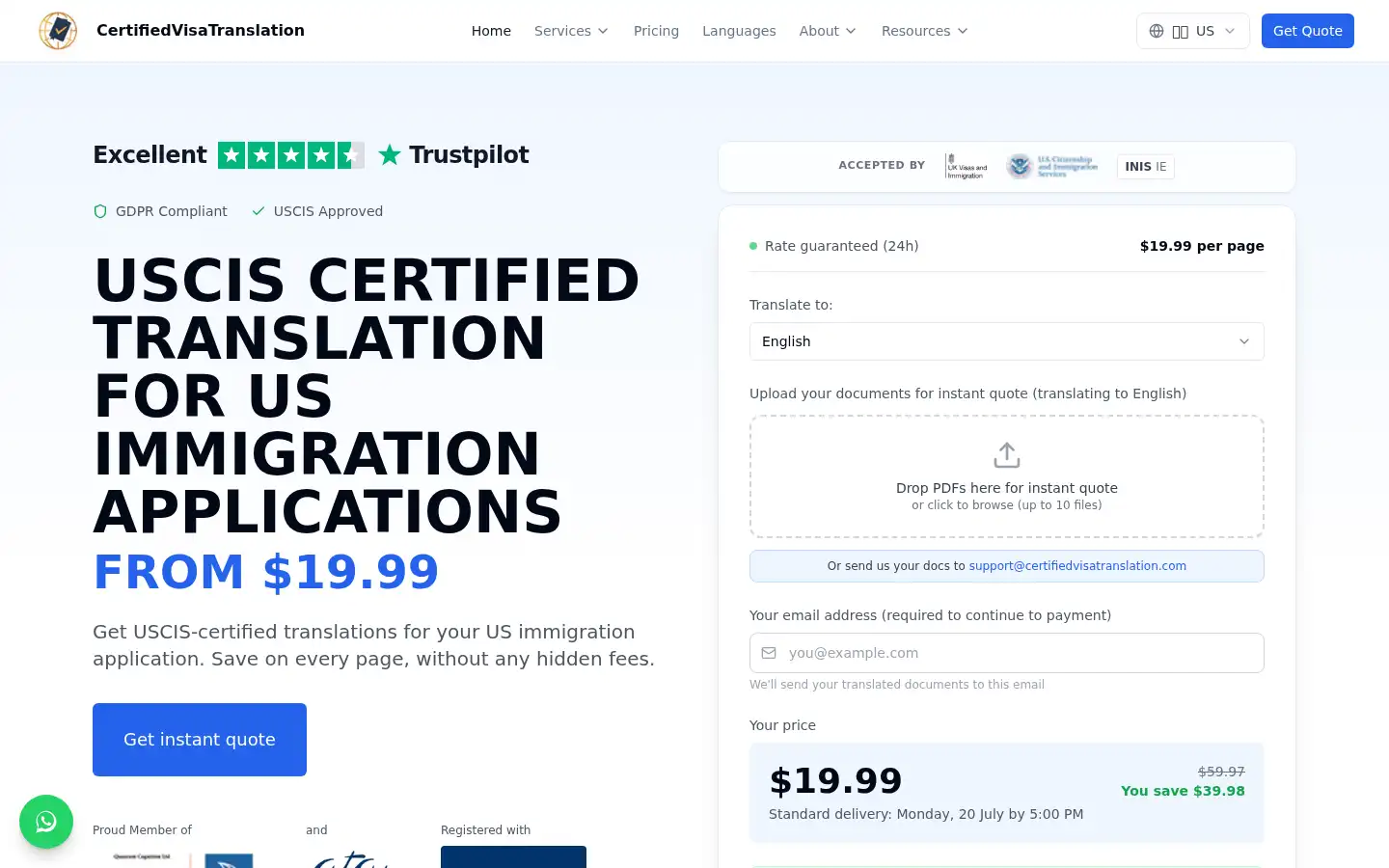 Screenshot of certifiedvisatranslation.com
