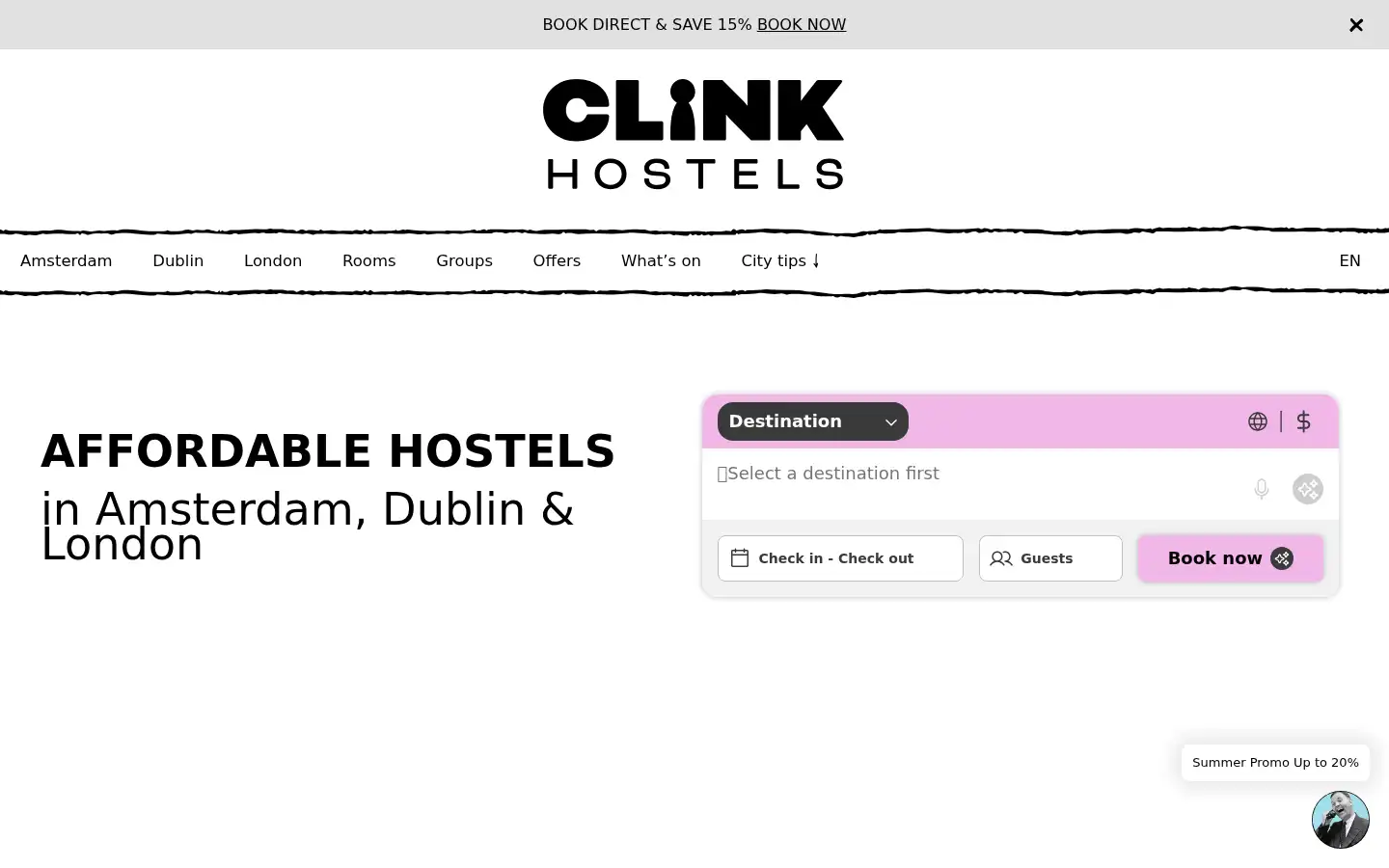 Screenshot of clinkhostels.com
