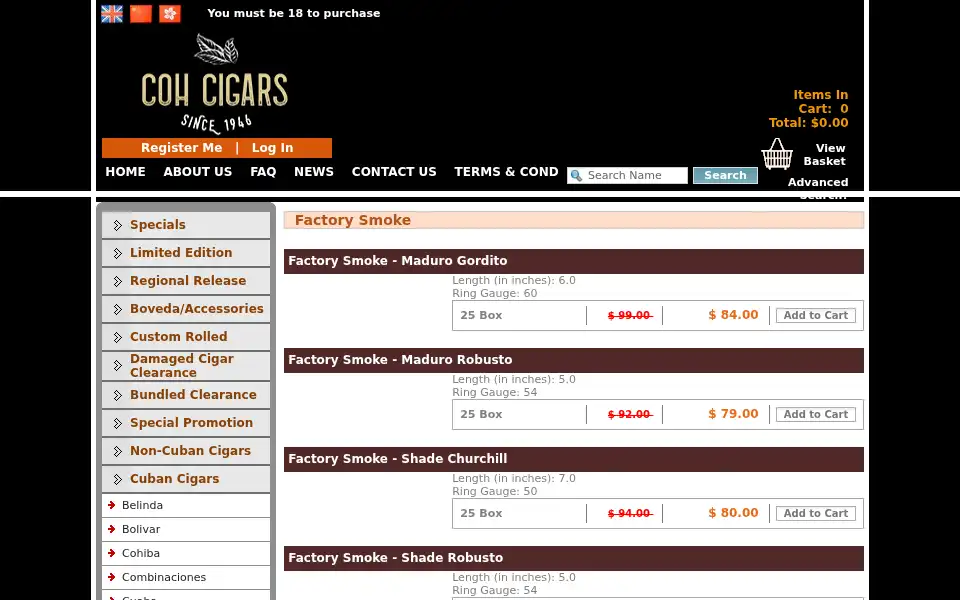 Screenshot of cohcigars.com