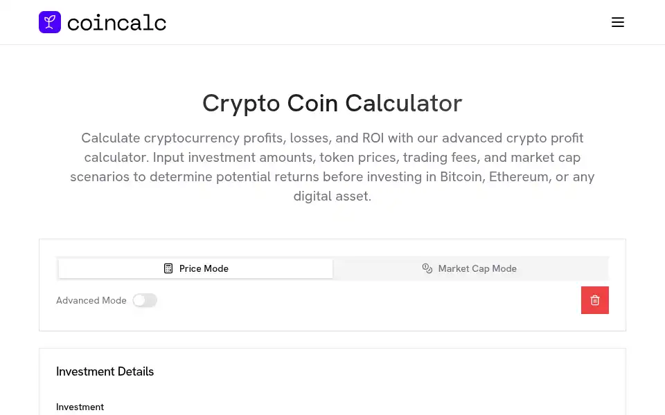 Screenshot of coincalc.net