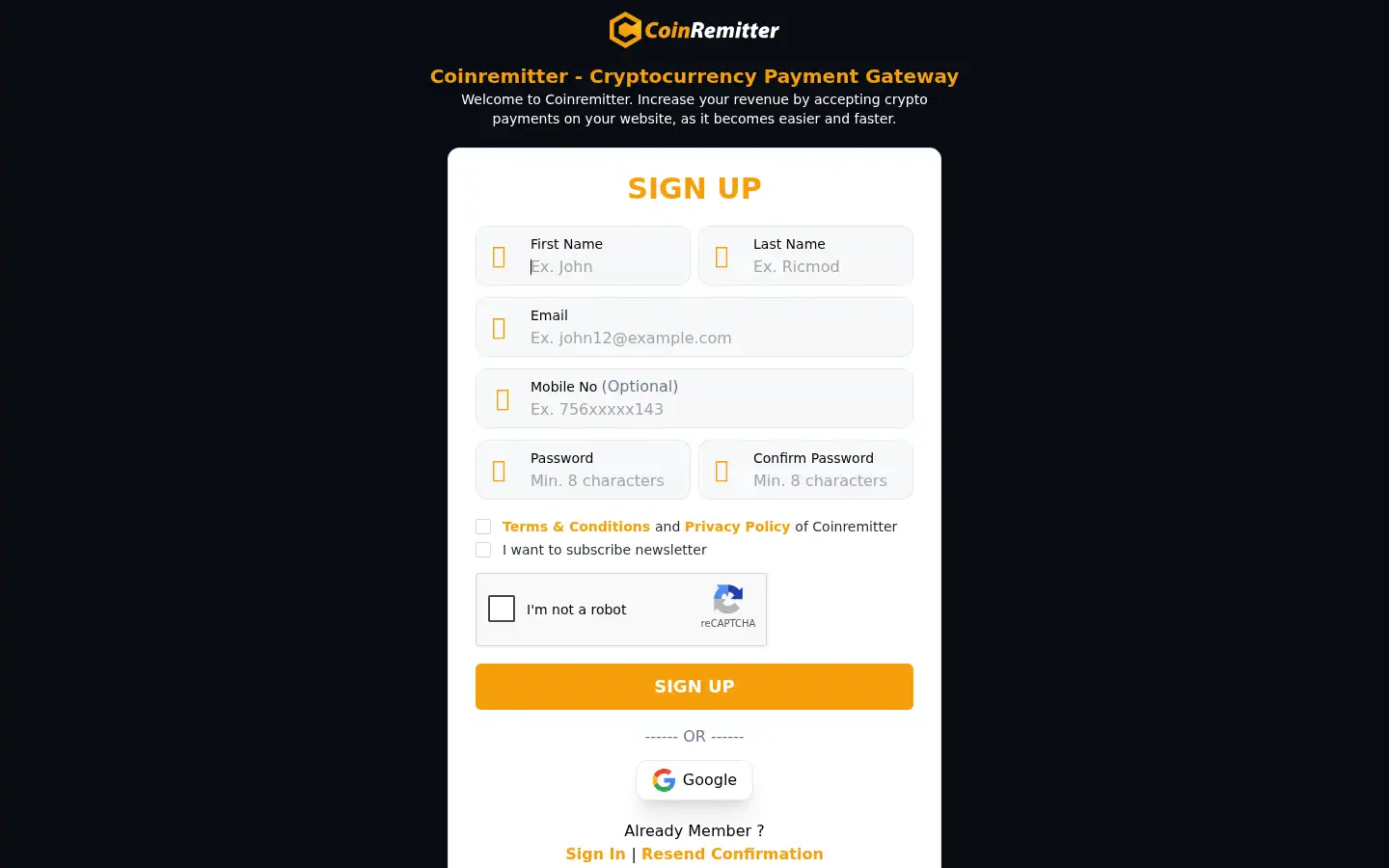 Screenshot of coinremitter.com