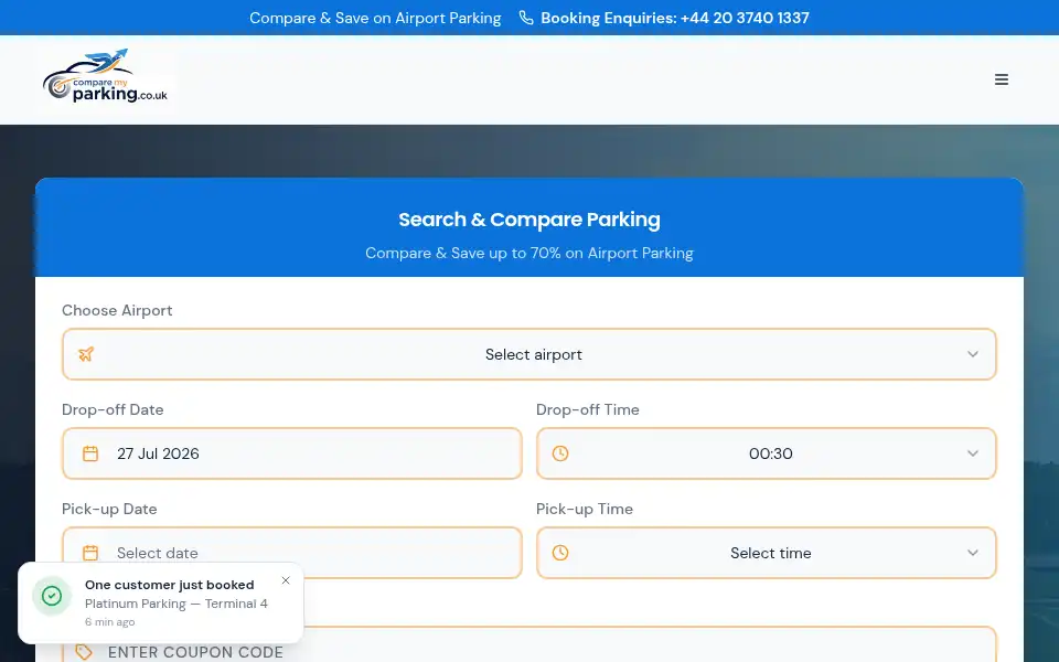 Screenshot of comparemyparkings.co.uk