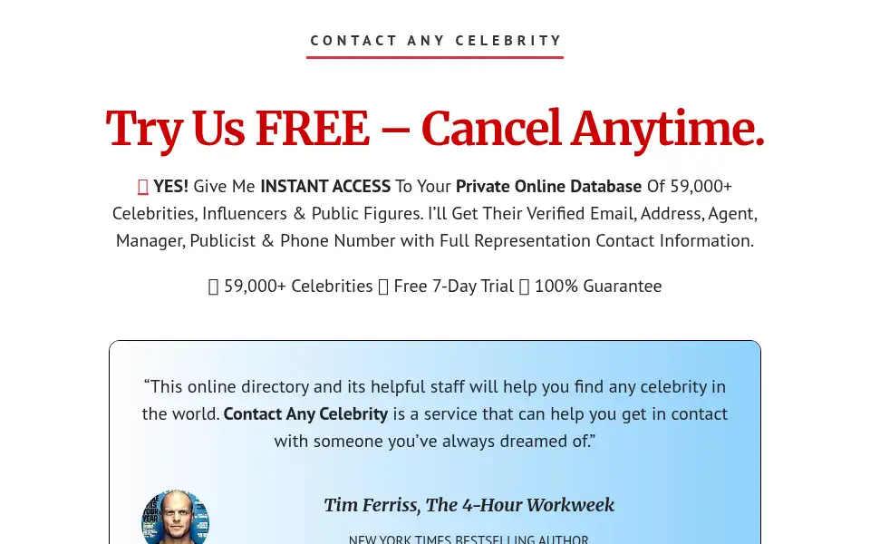 Screenshot of contactanycelebrity.com