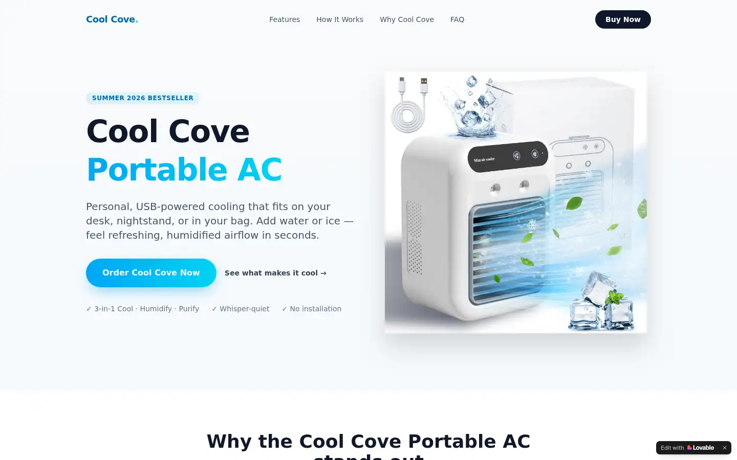 Screenshot of cool-cove-portable-ac.lovable.app