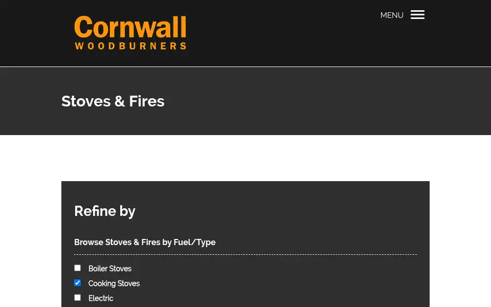 Screenshot of cornwallwoodburners.co.uk