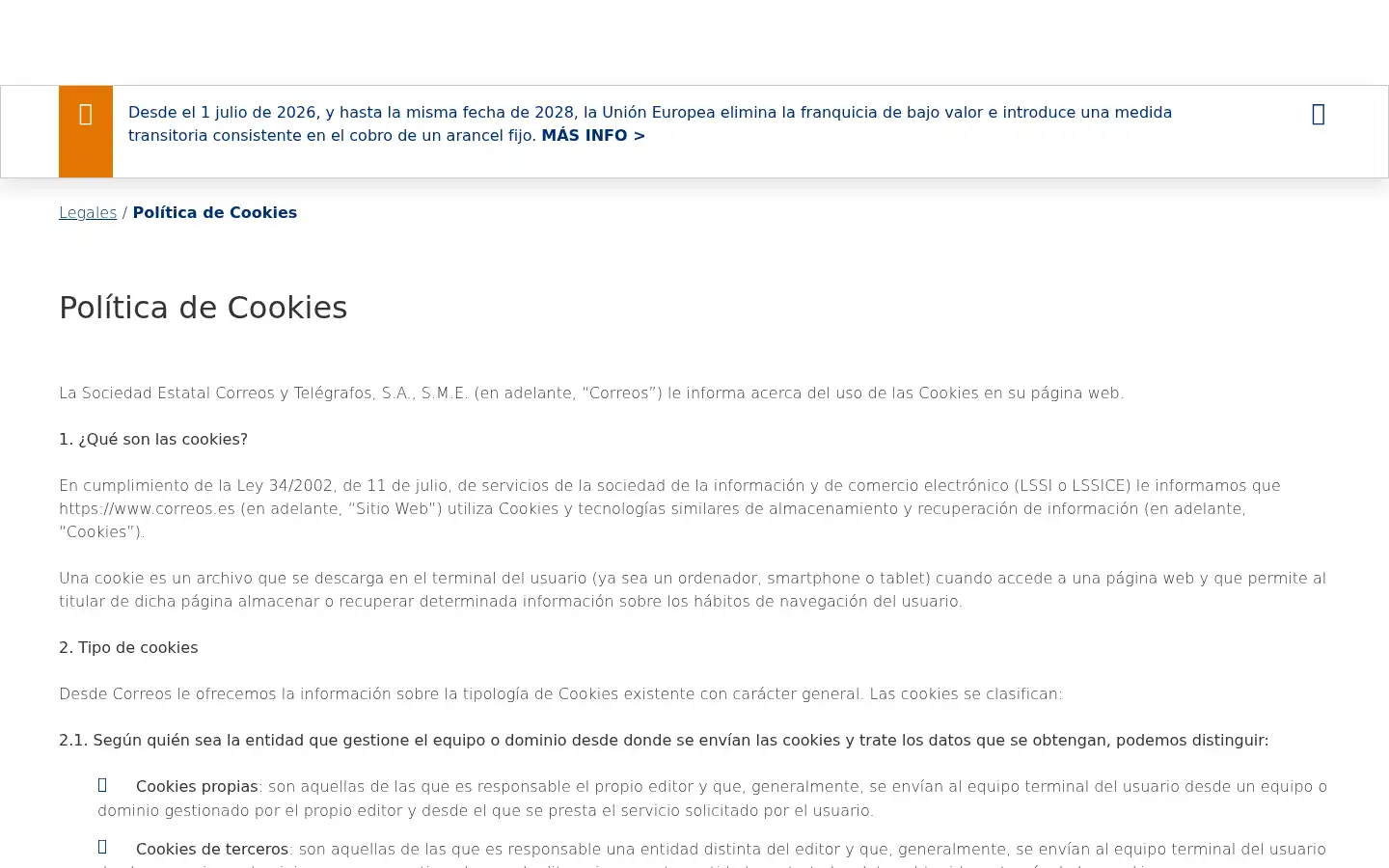 Screenshot of correos.es