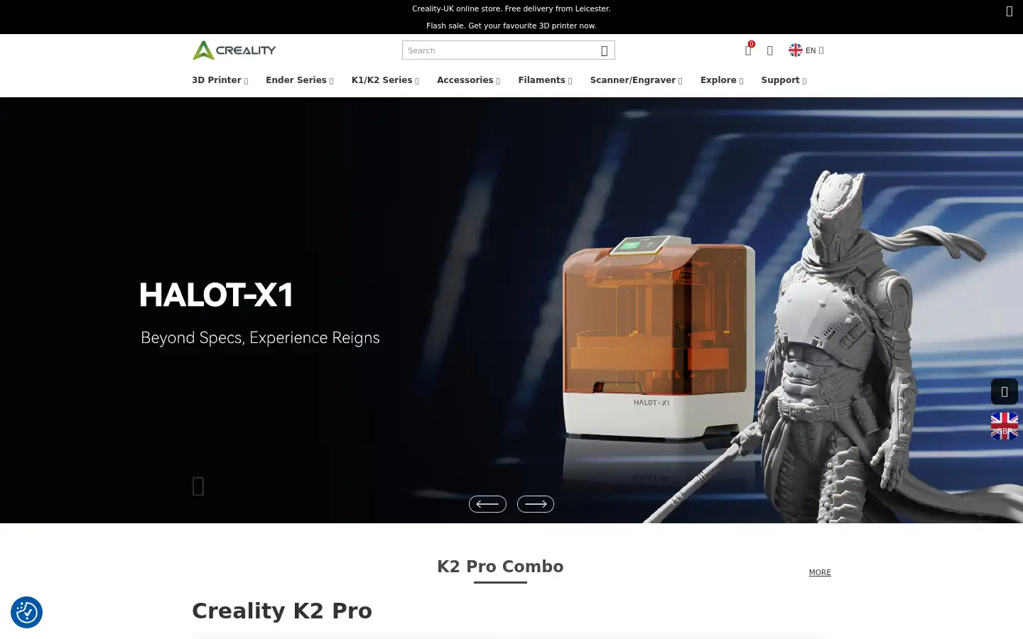 Screenshot of crealityofficial.co.uk