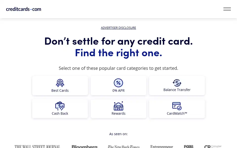 Screenshot of creditcards.com