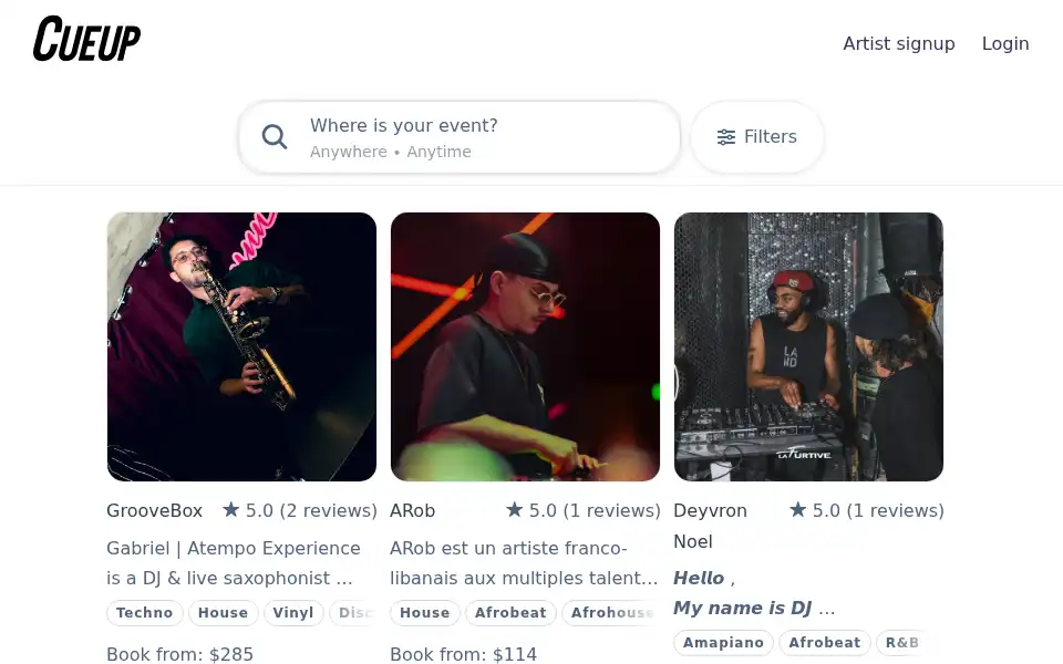 Screenshot of cueup.io