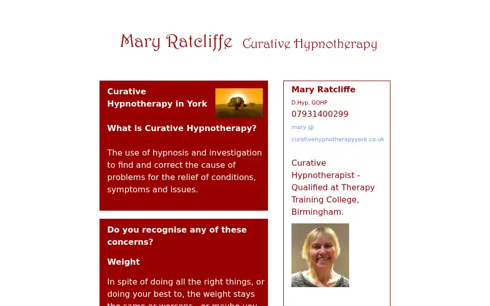 Screenshot of curativehypnotherapyyork.co.uk