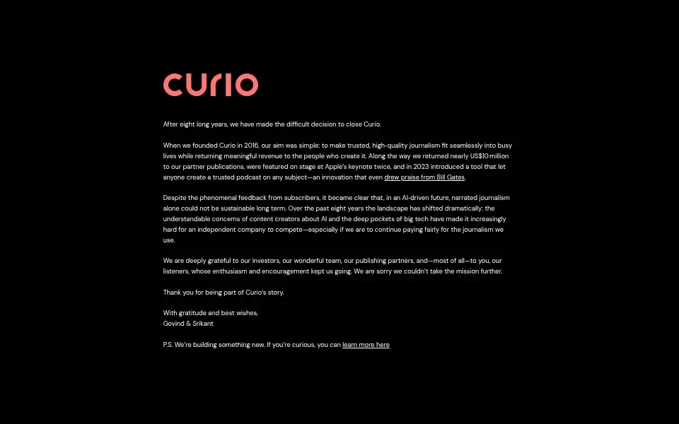 Screenshot of curio.io