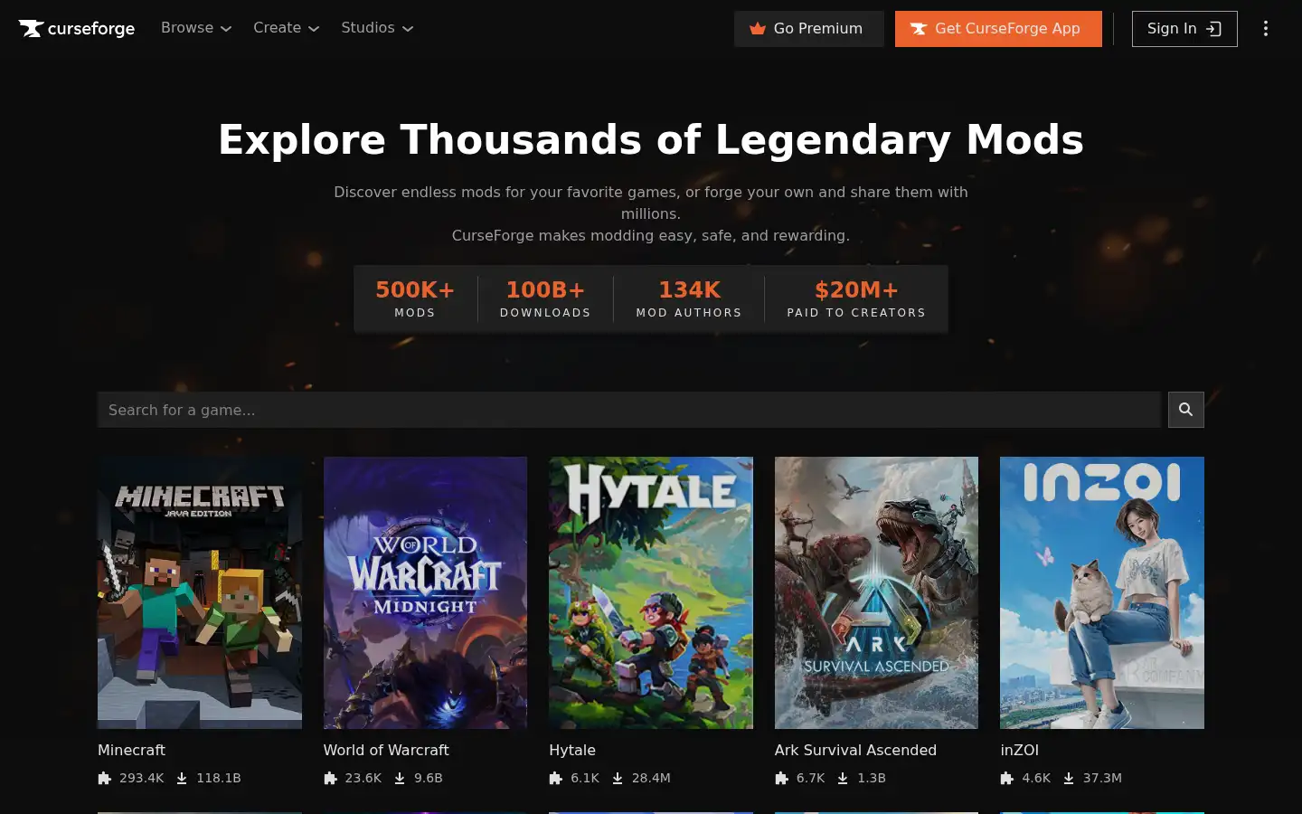Screenshot of curseforge.com