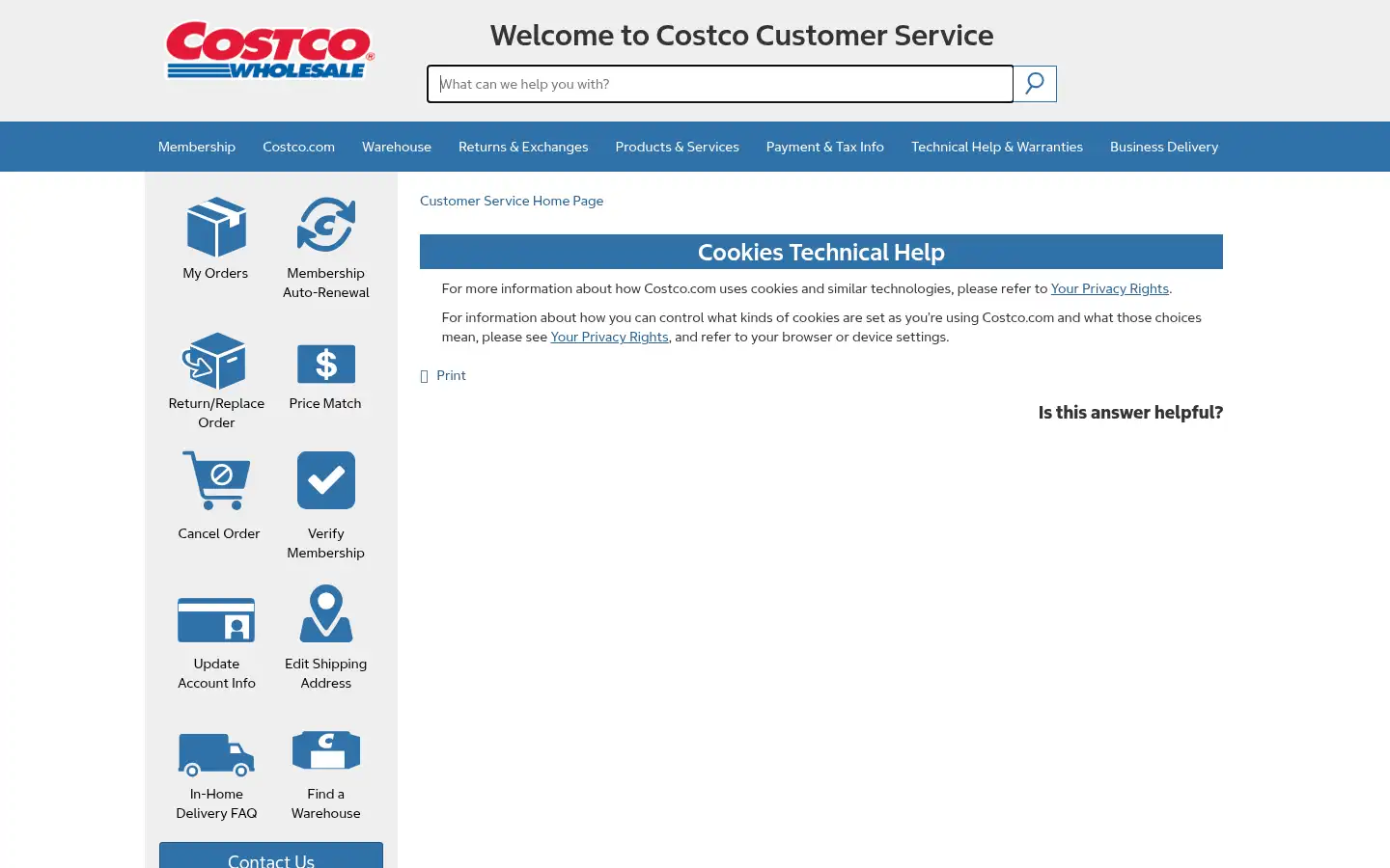 Screenshot of customerservice.costco.com