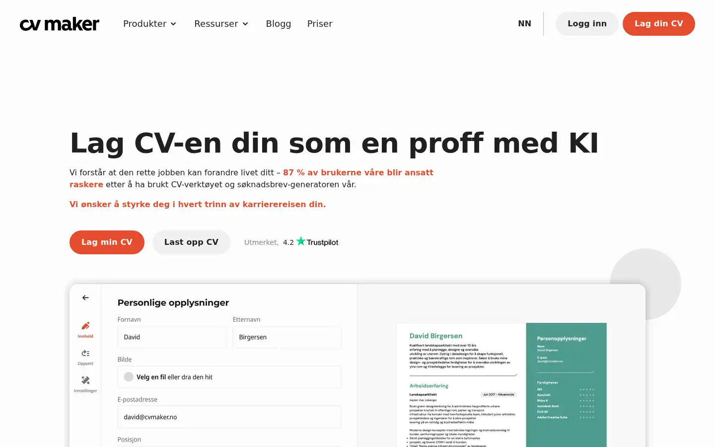 Screenshot of cvmaker.no