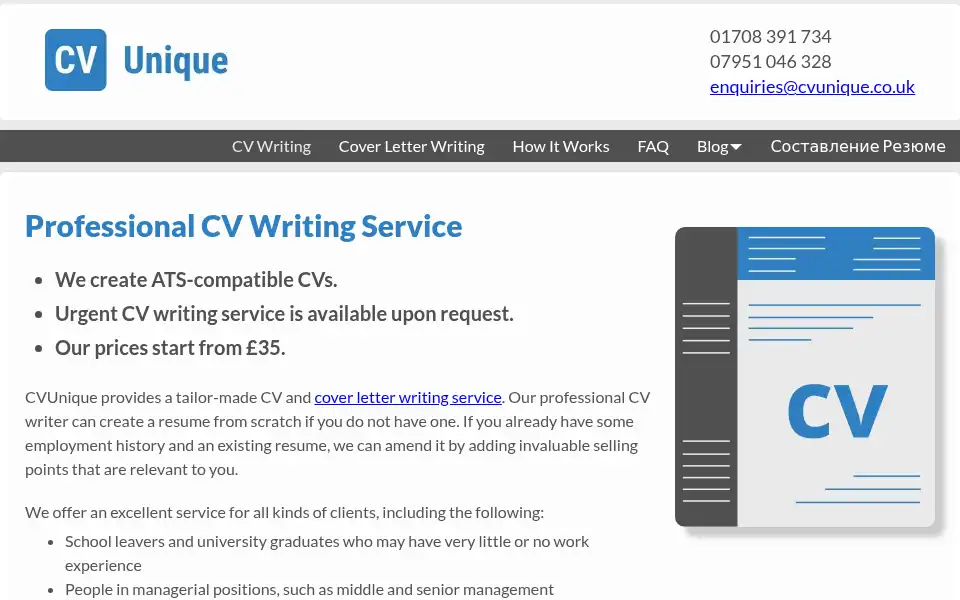 Screenshot of cvunique.co.uk