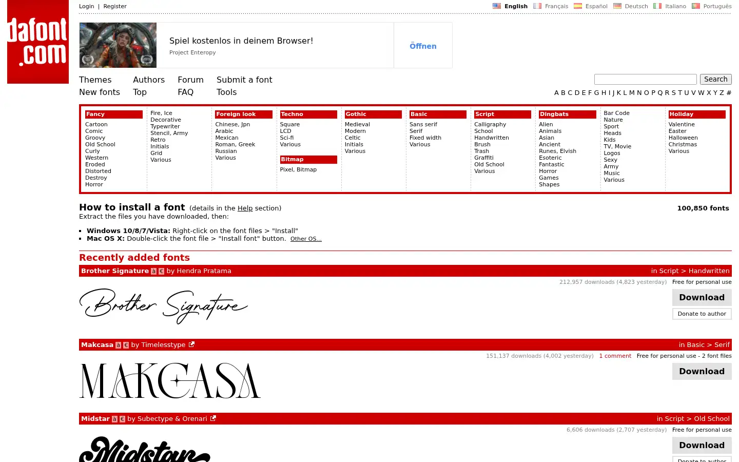 Screenshot of dafont.com