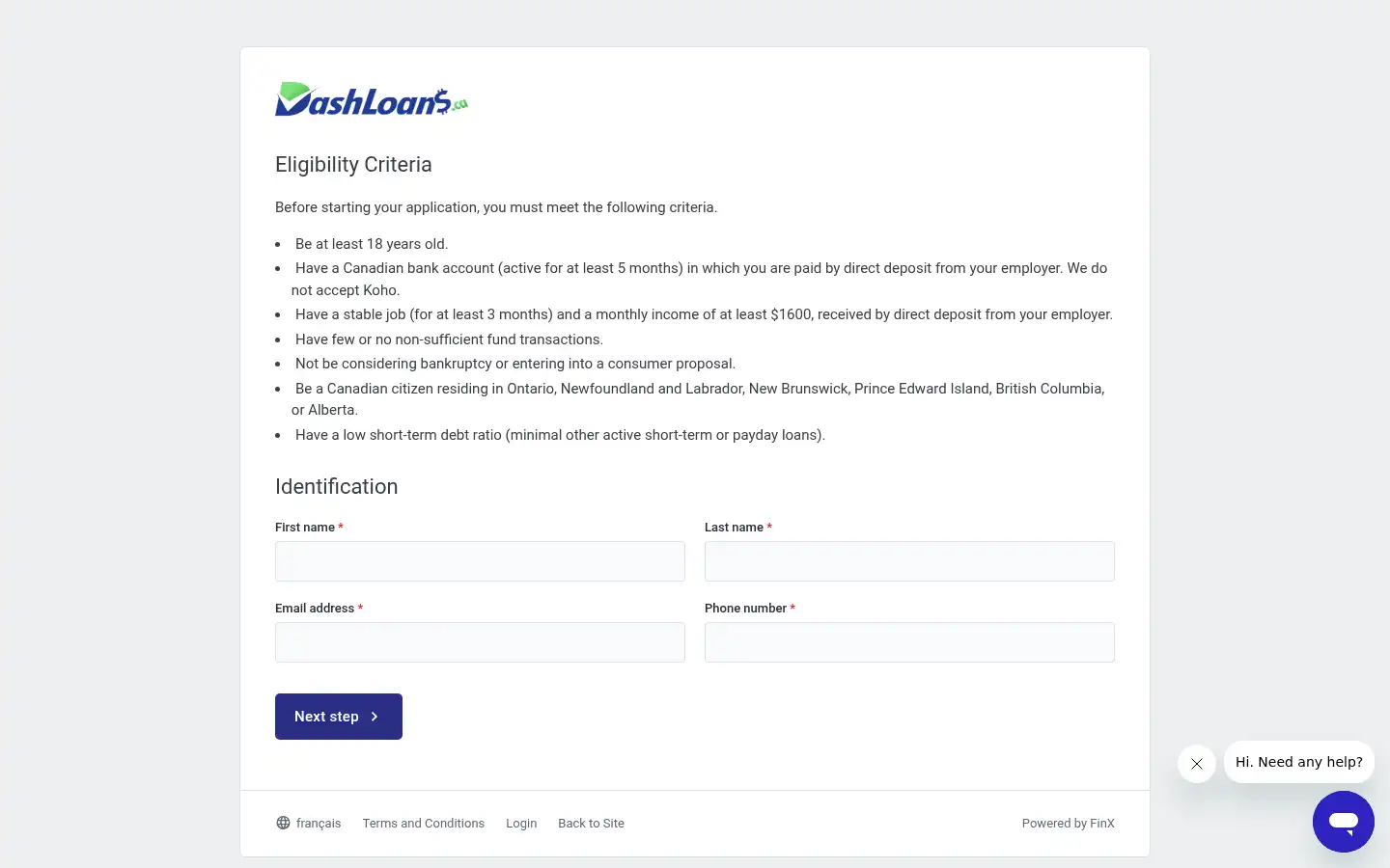 Screenshot of dashloans.ca
