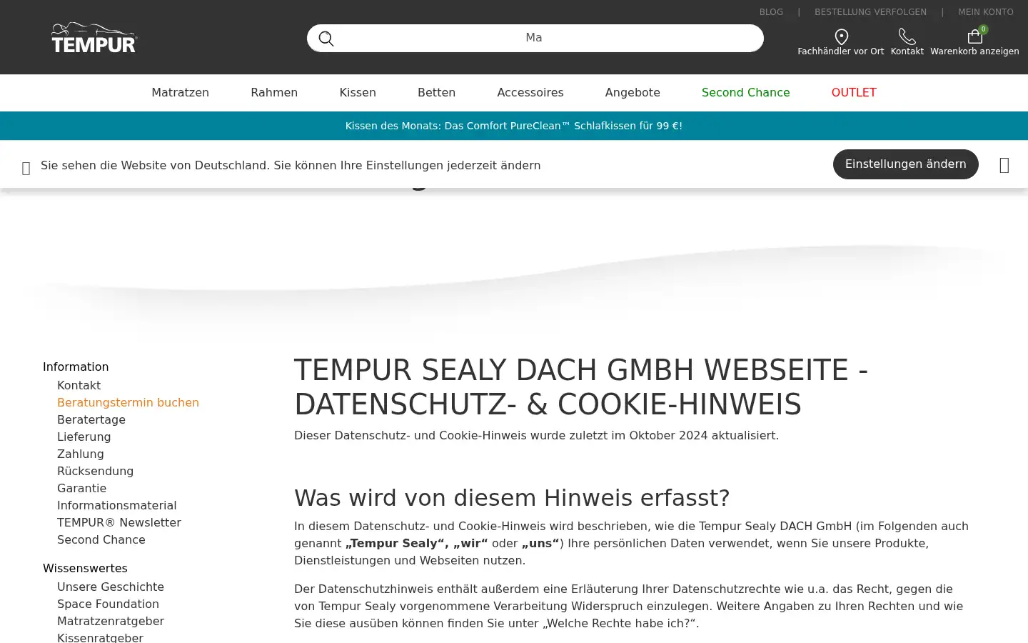 Screenshot of de.tempur.com